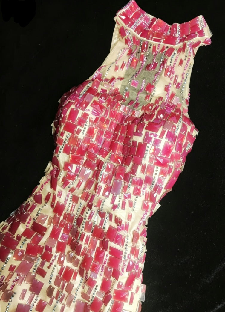 Y2K Halter Neck Pink Prom Dress Sequins Rhinestones A-Line Formal Dress GG6827