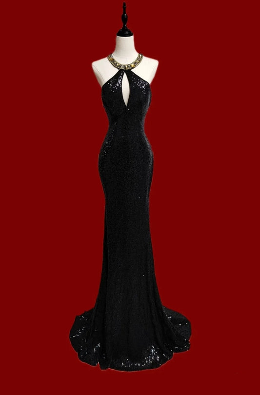 Chic Halter Neck Black Prom Dress Sequins Crystals Mermaid Formal Dress GG6830