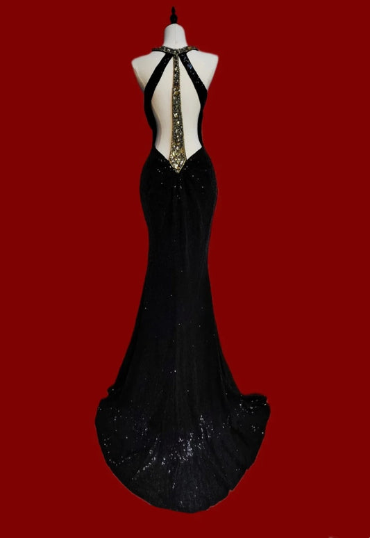 Chic Halter Neck Black Prom Dress Sequins Crystals Mermaid Formal Dress GG6830