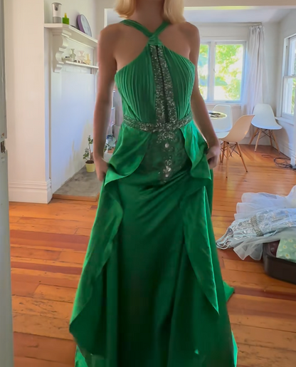 Sleek Halter Neck Green Prom Dress Beading A-Line Formal Dress GG6833