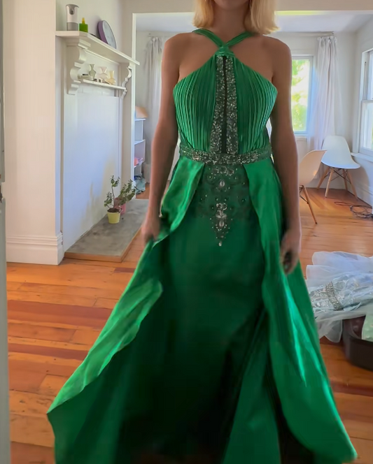 Sleek Halter Neck Green Prom Dress Beading A-Line Formal Dress GG6833