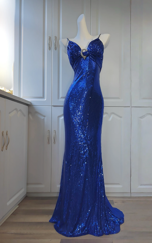 Luxurious Spaghetti Straps Blue Prom Dress Sequins Mermaid Formal Dress GG6834