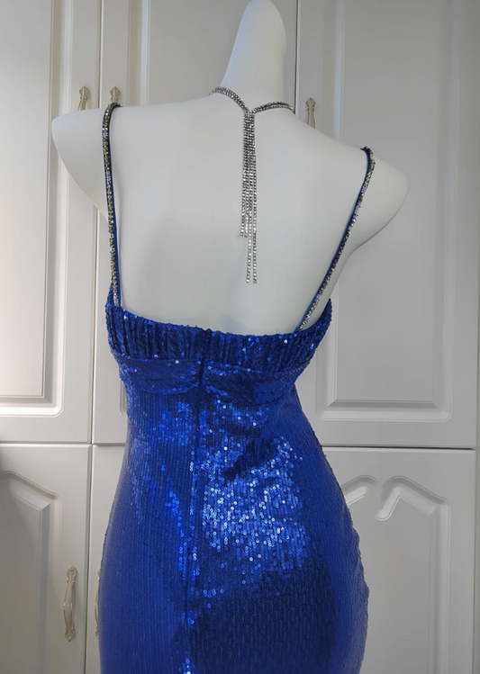 Luxurious Spaghetti Straps Blue Prom Dress Sequins Mermaid Formal Dress GG6834