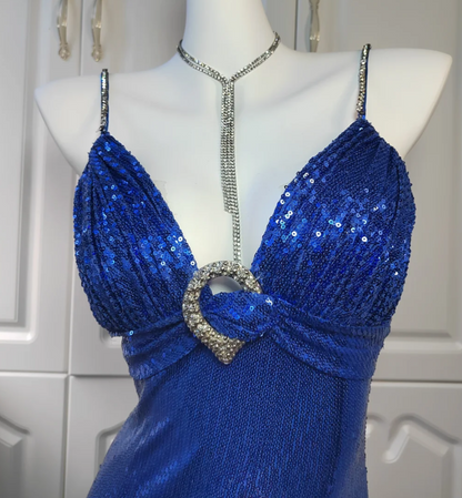 Luxurious Spaghetti Straps Blue Prom Dress Sequins Mermaid Formal Dress GG6834