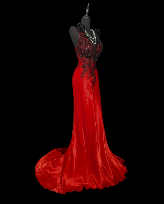 Classical V Neck Red Prom Dress Sequins Lace Mermaid Formal Dress GG6835