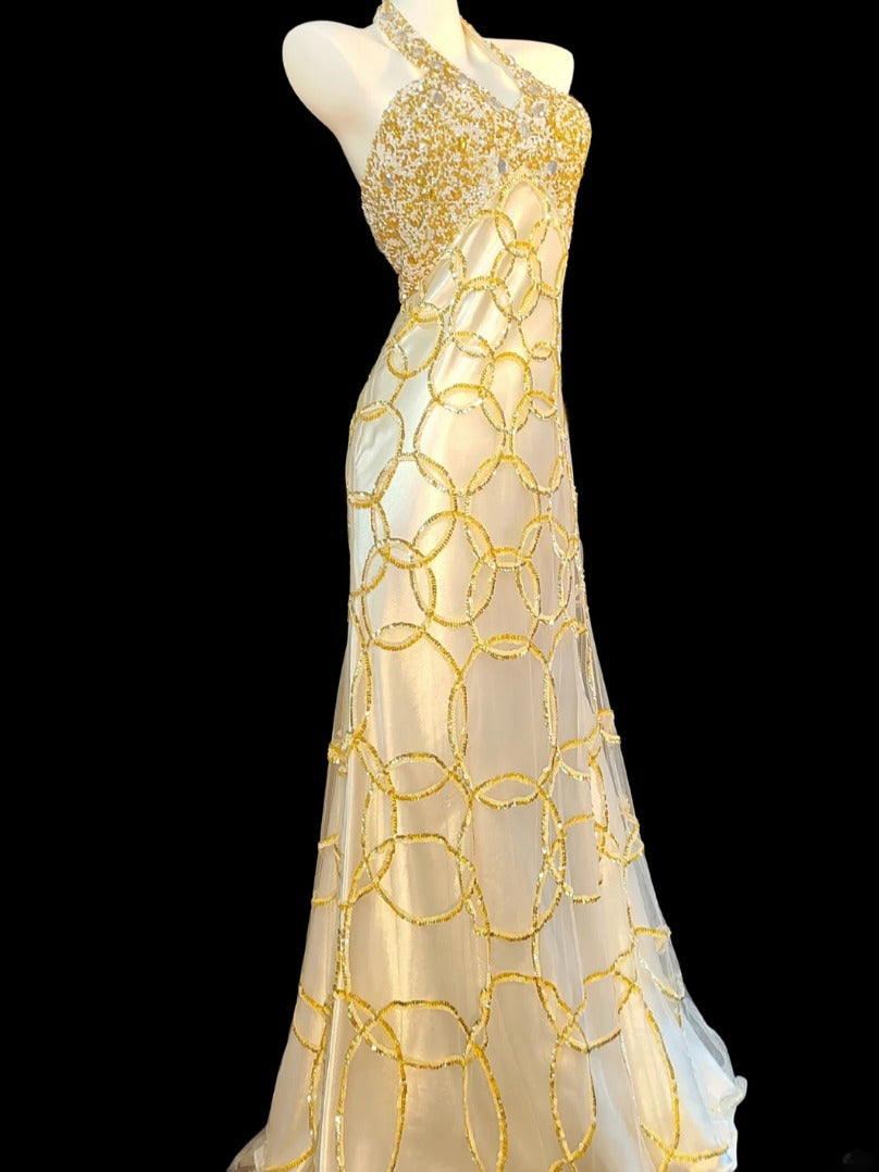 Adorable Halter Neck Prom Dress Yellow Sequins Mermaid Formal Dress GG6836
