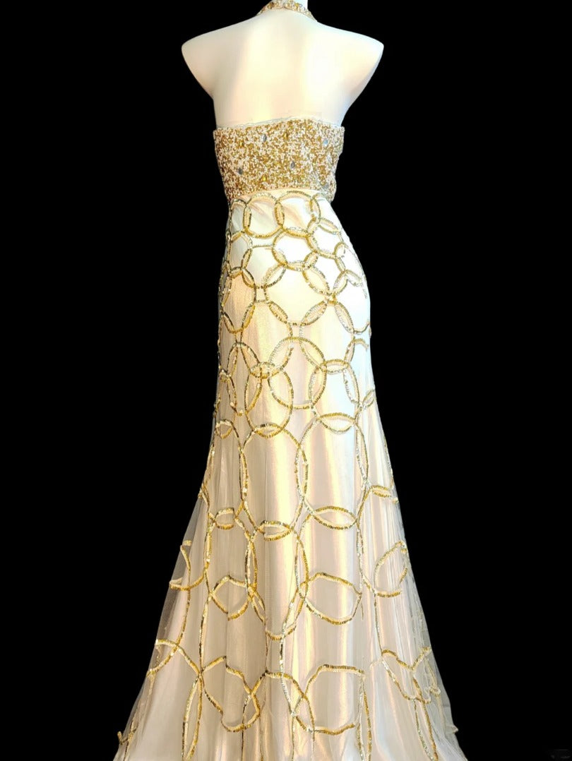 Adorable Halter Neck Prom Dress Yellow Sequins Mermaid Formal Dress GG6836