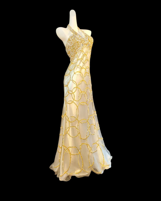 Adorable Halter Neck Prom Dress Yellow Sequins Mermaid Formal Dress GG6836