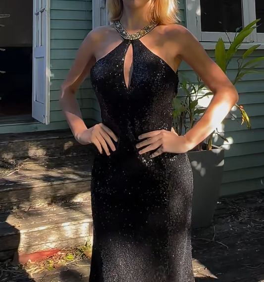 Vintage Halter Neck Crystals Prom Dress Black Sequins Mermaid Formal Dress GG6837