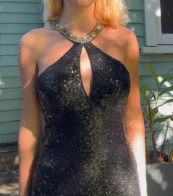 Vintage Halter Neck Crystals Prom Dress Black Sequins Mermaid Formal Dress GG6837