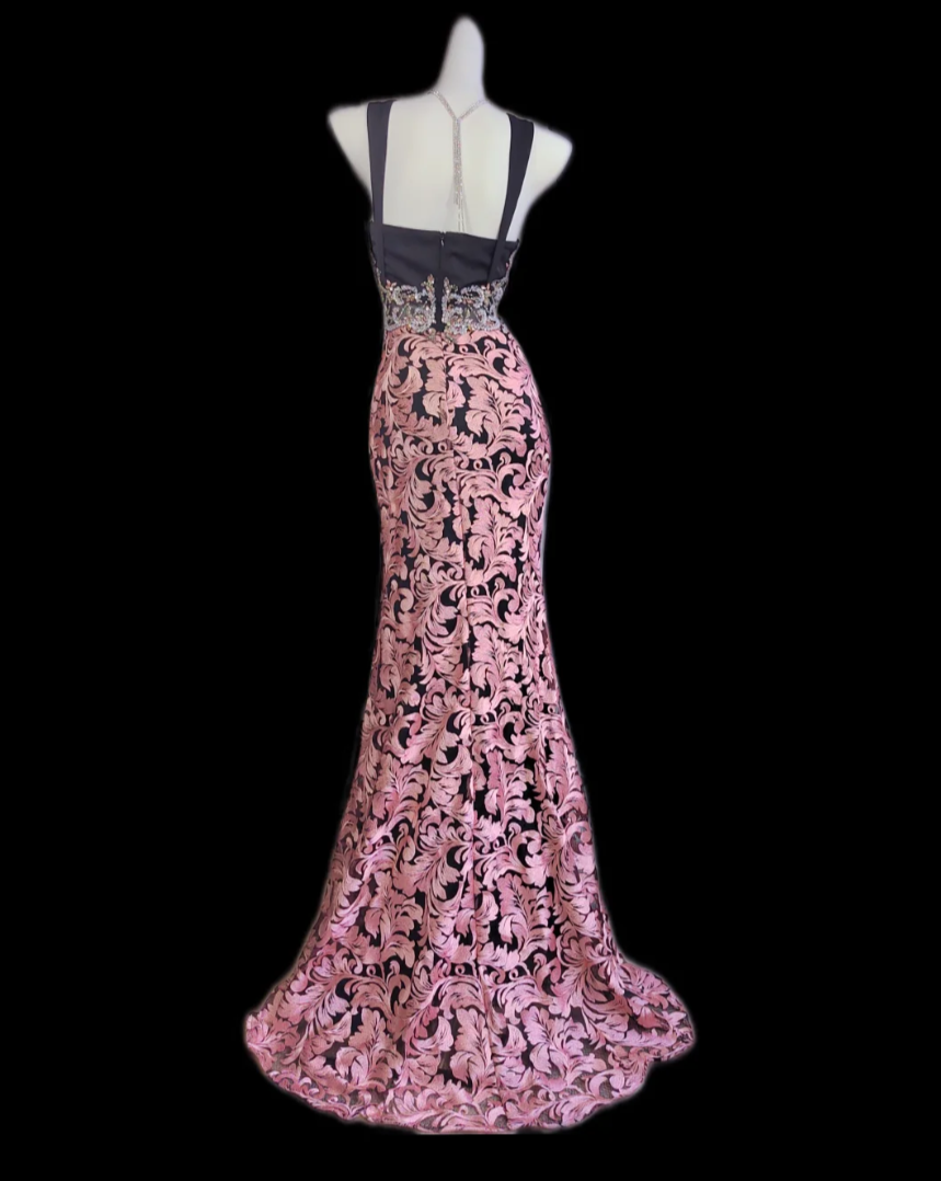 Retro Spaghetti Straps Beaded Prom Dress Pink Floral Mermaid Formal Dress GG6838
