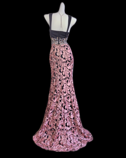 Retro Spaghetti Straps Beaded Prom Dress Pink Floral Mermaid Formal Dress GG6838