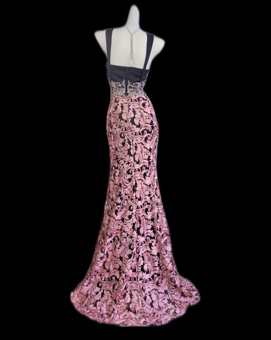 Retro Spaghetti Straps Beaded Prom Dress Pink Floral Mermaid Formal Dress GG6838