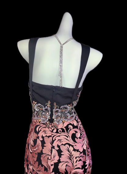 Retro Spaghetti Straps Beaded Prom Dress Pink Floral Mermaid Formal Dress GG6838