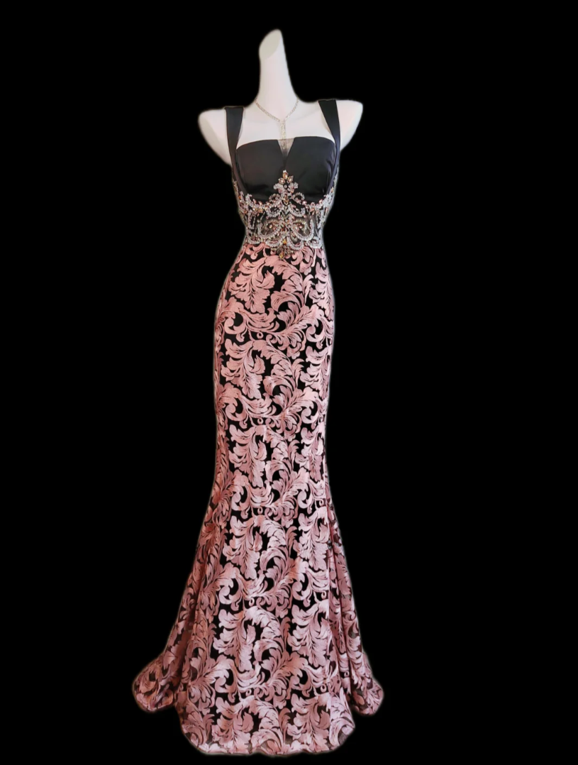Retro Spaghetti Straps Beaded Prom Dress Pink Floral Mermaid Formal Dress GG6838