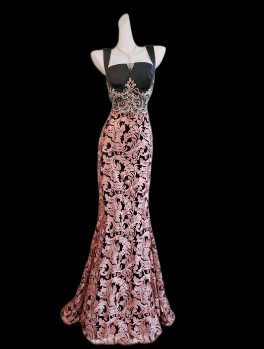 Retro Spaghetti Straps Beaded Prom Dress Pink Floral Mermaid Formal Dress GG6838