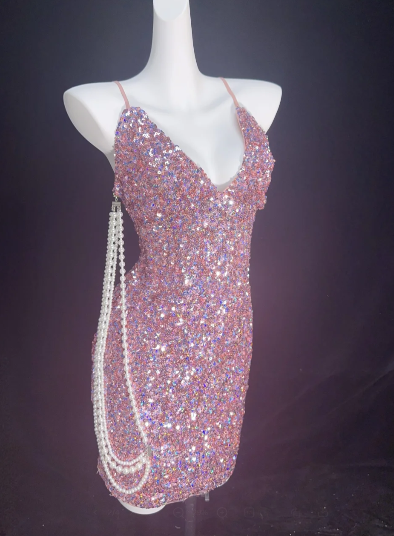 Cute Spaghetti Strap Pink Homecoming Dress Sequins Sheath Birthday Dress GG6839