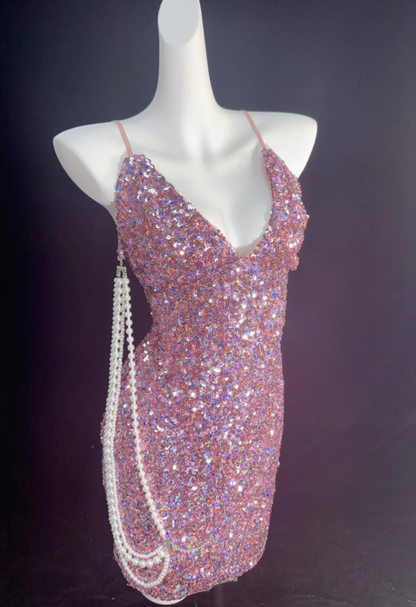 Cute Spaghetti Strap Pink Homecoming Dress Sequins Sheath Birthday Dress GG6839