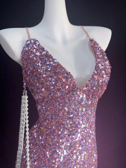 Cute Spaghetti Strap Pink Homecoming Dress Sequins Sheath Birthday Dress GG6839