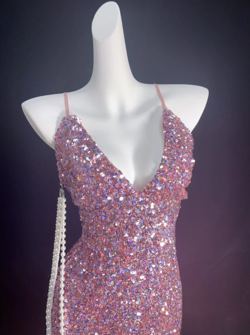 Cute Spaghetti Strap Pink Homecoming Dress Sequins Sheath Birthday Dress GG6839