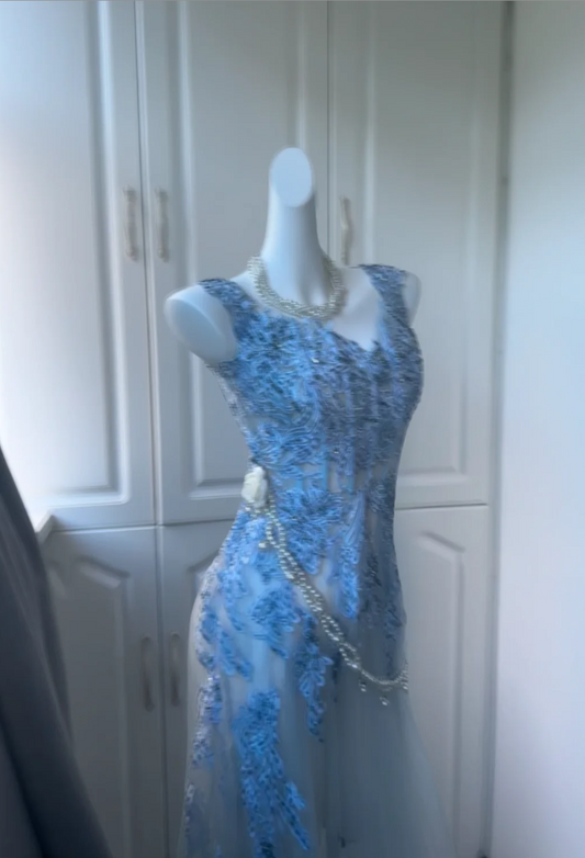 Dreamy V Neck Blue Prom Dress Appliques Sequins Tulle A-Line Formal Dress GG6841