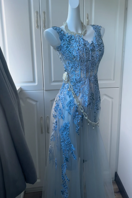 Dreamy V Neck Blue Prom Dress Appliques Sequins Tulle A-Line Formal Dress GG6841