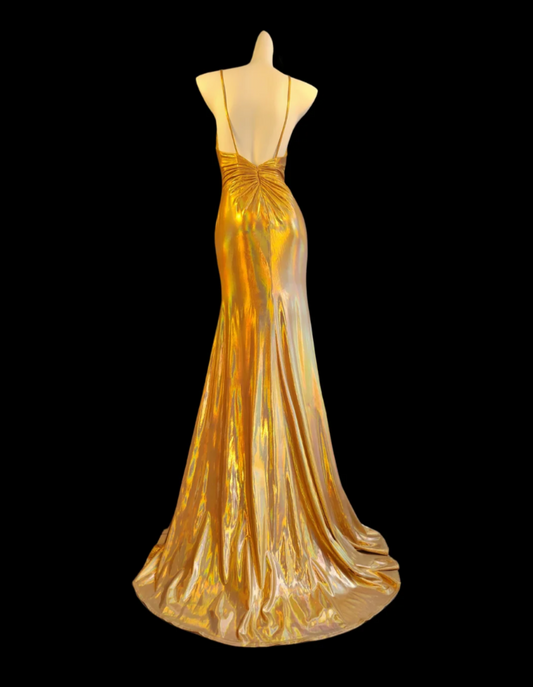 Glam Spaghetti Straps Yellow Prom Dress Slit Ruched Mermaid Formal Dress GG6842