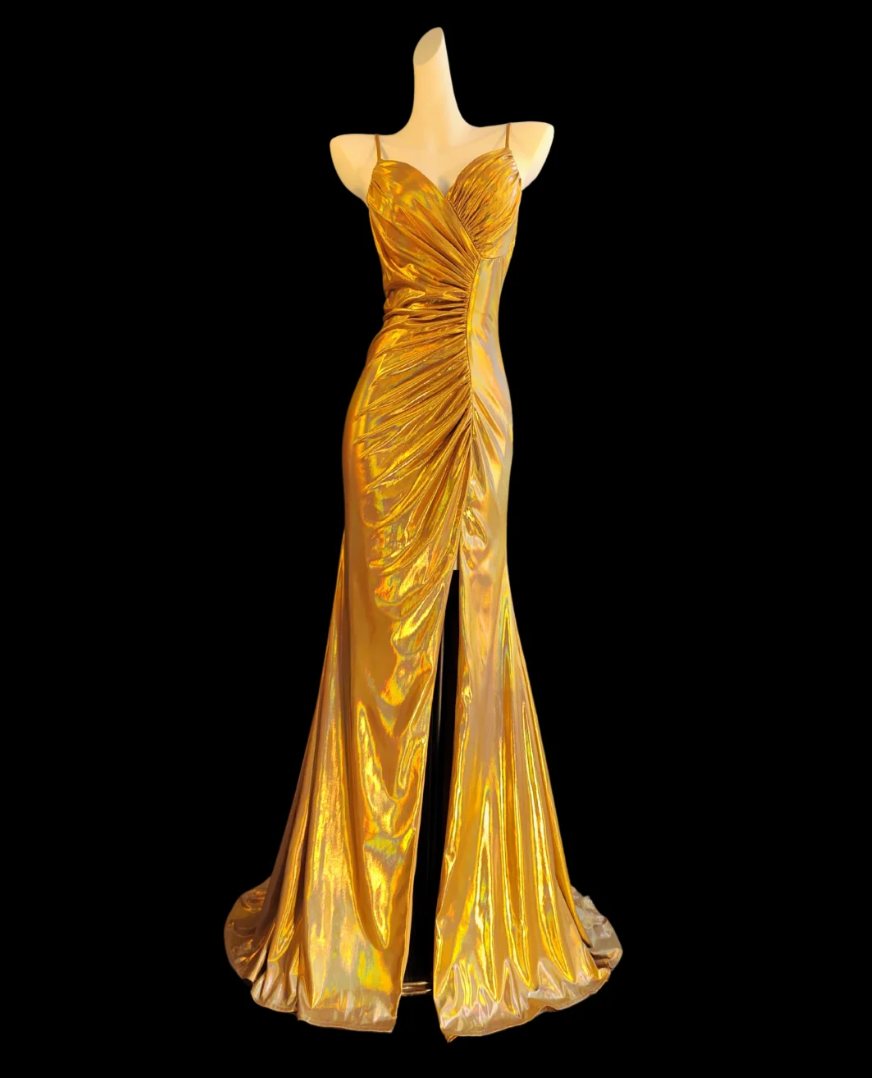 Glam Spaghetti Straps Yellow Prom Dress Slit Ruched Mermaid Formal Dress GG6842