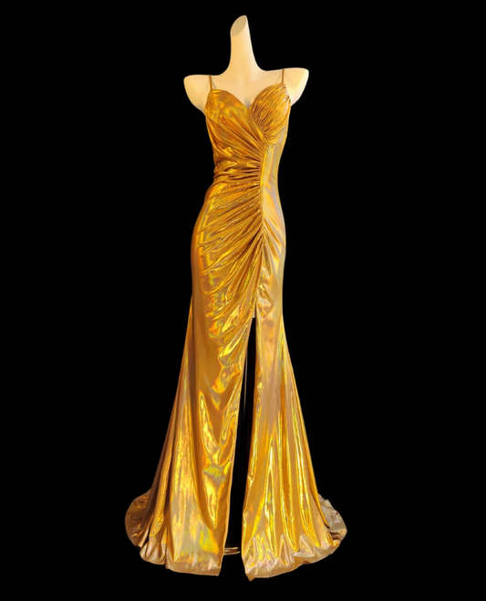 Glam Spaghetti Straps Yellow Prom Dress Slit Ruched Mermaid Formal Dress GG6842