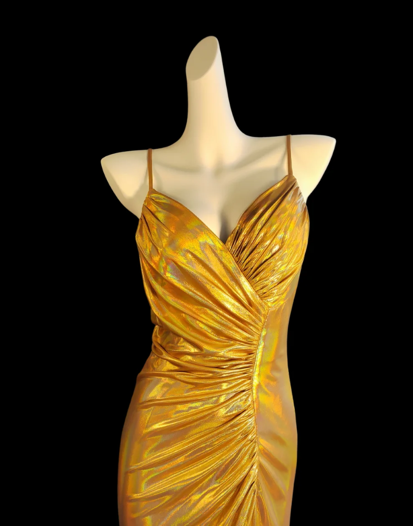 Glam Spaghetti Straps Yellow Prom Dress Slit Ruched Mermaid Formal Dress GG6842