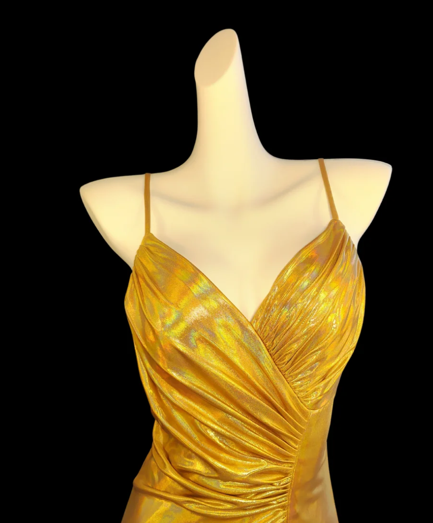 Glam Spaghetti Straps Yellow Prom Dress Slit Ruched Mermaid Formal Dress GG6842