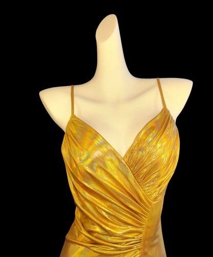 Glam Spaghetti Straps Yellow Prom Dress Slit Ruched Mermaid Formal Dress GG6842