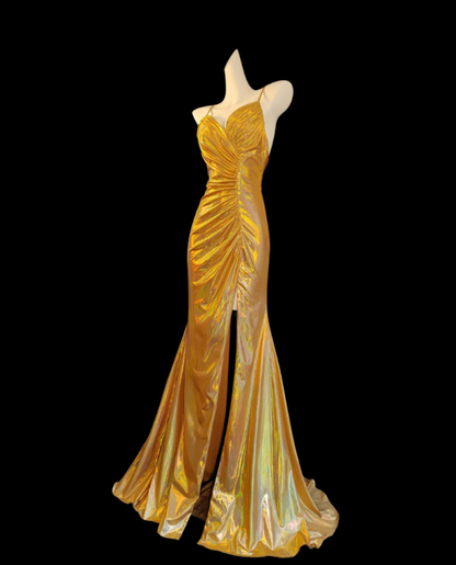 Glam Spaghetti Straps Yellow Prom Dress Slit Ruched Mermaid Formal Dress GG6842