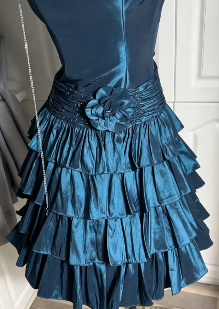 Lovely Spaghetti Strap Blue Homecoming Dress Sequins Floral Tiered A-Line Birthday Dress GG6844