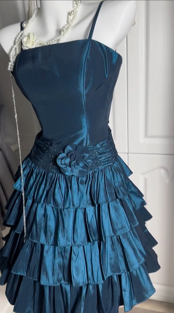 Lovely Spaghetti Strap Blue Homecoming Dress Sequins Floral Tiered A-Line Birthday Dress GG6844