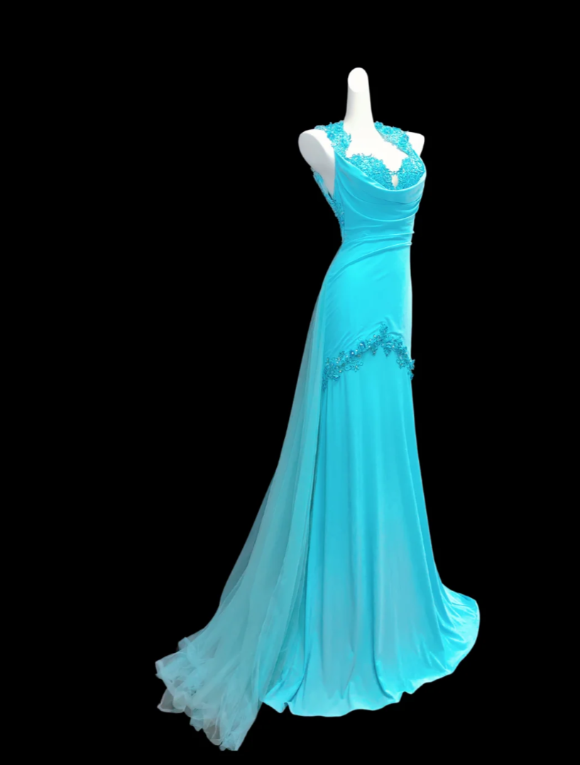 Elegant Baby Blue Prom Dress Appliques Backless Mermaid Formal Dress GG6845