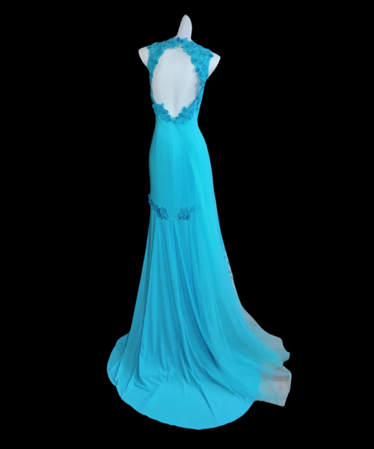Elegant Baby Blue Prom Dress Appliques Backless Mermaid Formal Dress GG6845
