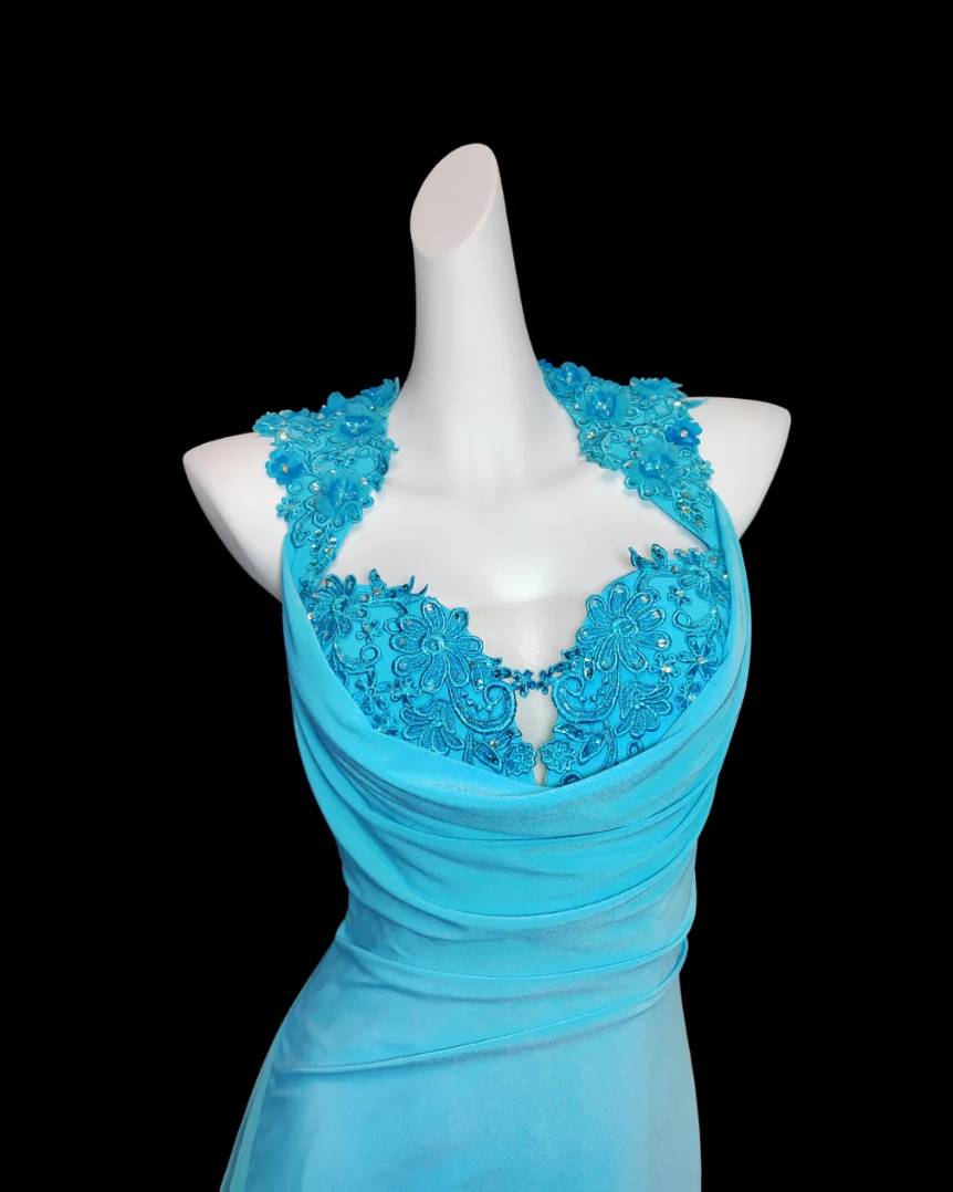 Elegant Baby Blue Prom Dress Appliques Backless Mermaid Formal Dress GG6845