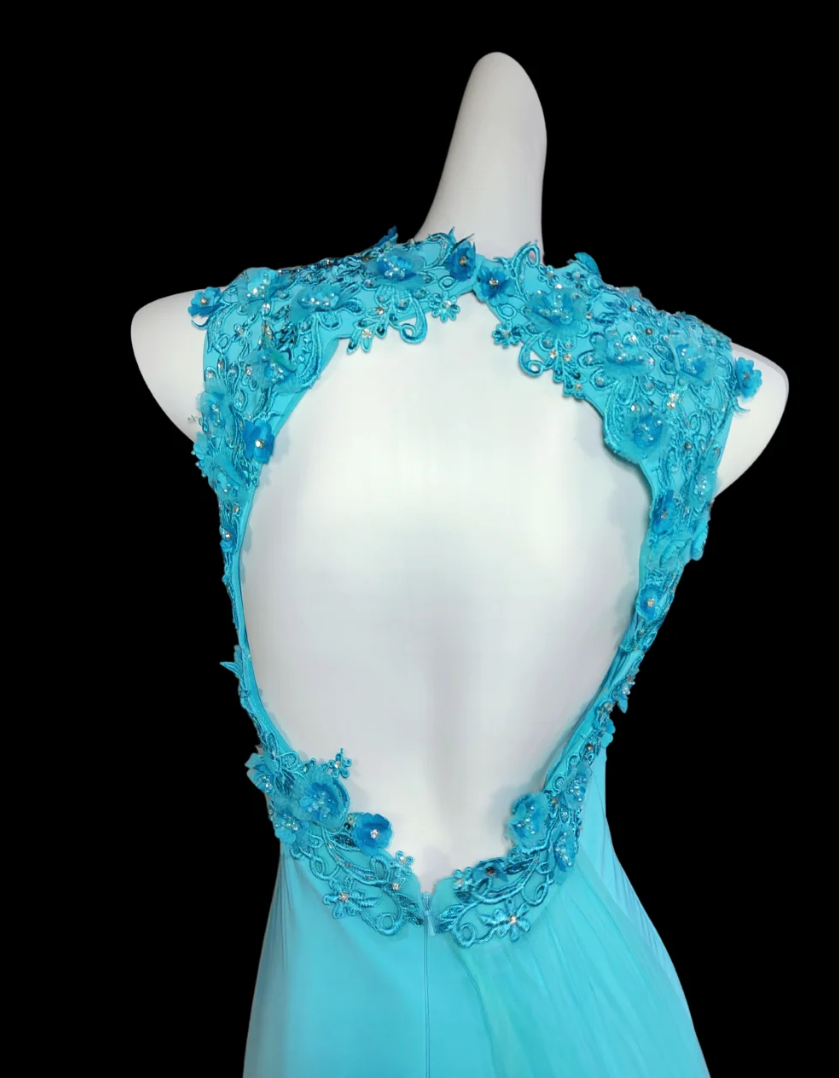 Elegant Baby Blue Prom Dress Appliques Backless Mermaid Formal Dress GG6845