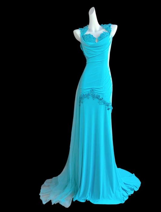 Elegant Baby Blue Prom Dress Appliques Backless Mermaid Formal Dress GG6845