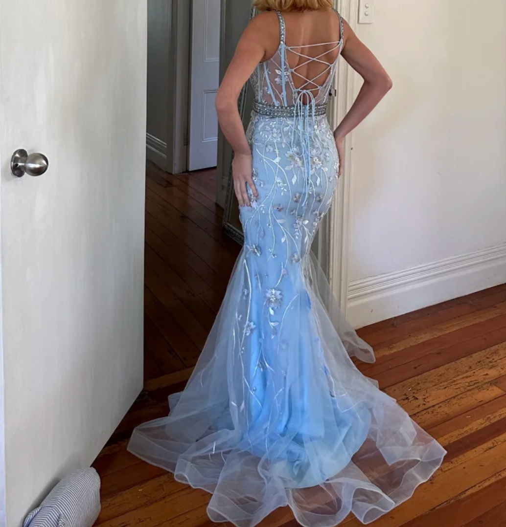 Romantic Spaghetti Straps Blue Prom Dress Sequins Appliques Mermaid Formal Dress GG6846