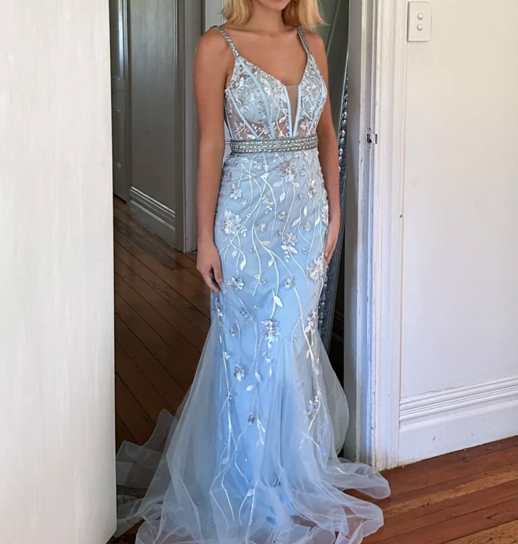 Romantic Spaghetti Straps Blue Prom Dress Sequins Appliques Mermaid Formal Dress GG6846