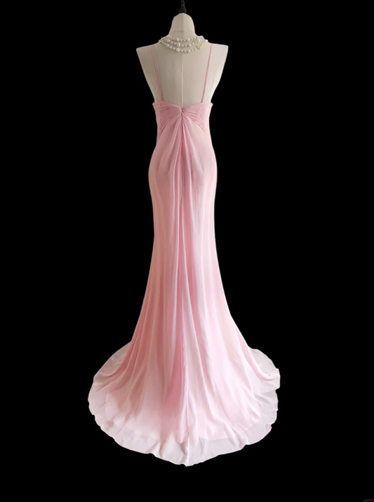 Fascinating Halter Neck Pink Prom Dress Chiffon Mermaid Formal Dress GG6847