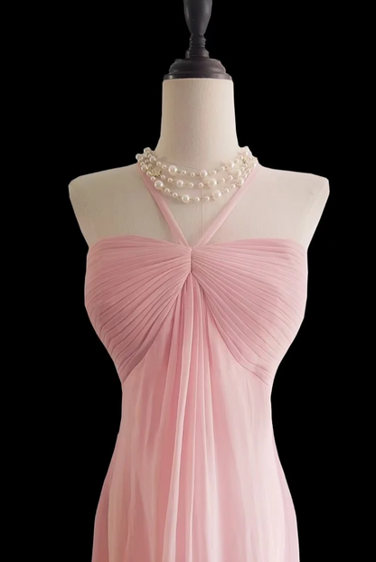 Fascinating Halter Neck Pink Prom Dress Chiffon Mermaid Formal Dress GG6847