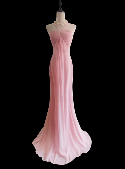 Fascinating Halter Neck Pink Prom Dress Chiffon Mermaid Formal Dress GG6847