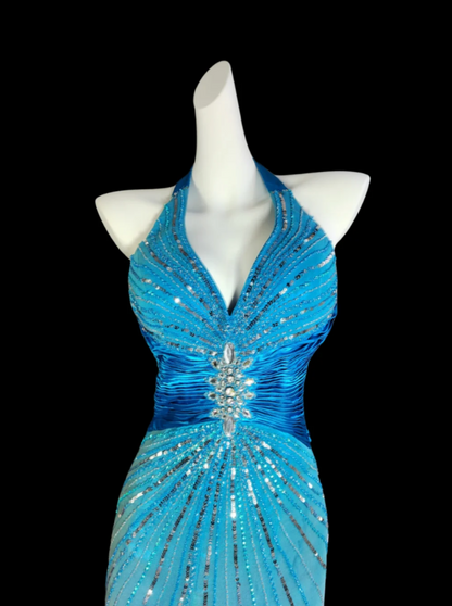 Elegant Gradient Blue Halter Prom Dress Beading Backless Mermaid Formal Dress GG6849