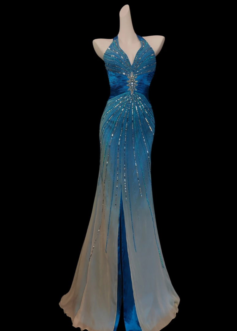Elegant Gradient Blue Halter Prom Dress Beading Backless Mermaid Formal Dress GG6849