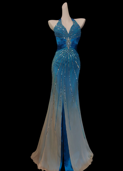 Elegant Gradient Blue Halter Prom Dress Beading Backless Mermaid Formal Dress GG6849