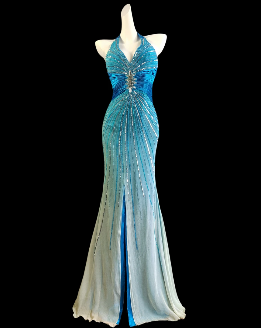 Elegant Gradient Blue Halter Prom Dress Beading Backless Mermaid Formal Dress GG6849