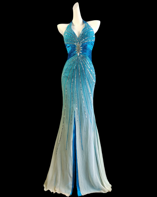 Elegant Gradient Blue Halter Prom Dress Beading Backless Mermaid Formal Dress GG6849